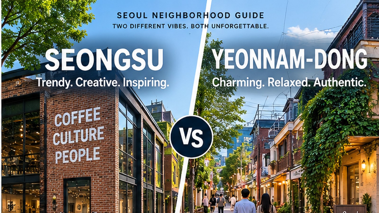 Split comparison of Seongsu's creative industrial streets and Yeonnam-dong's relaxed café alleys