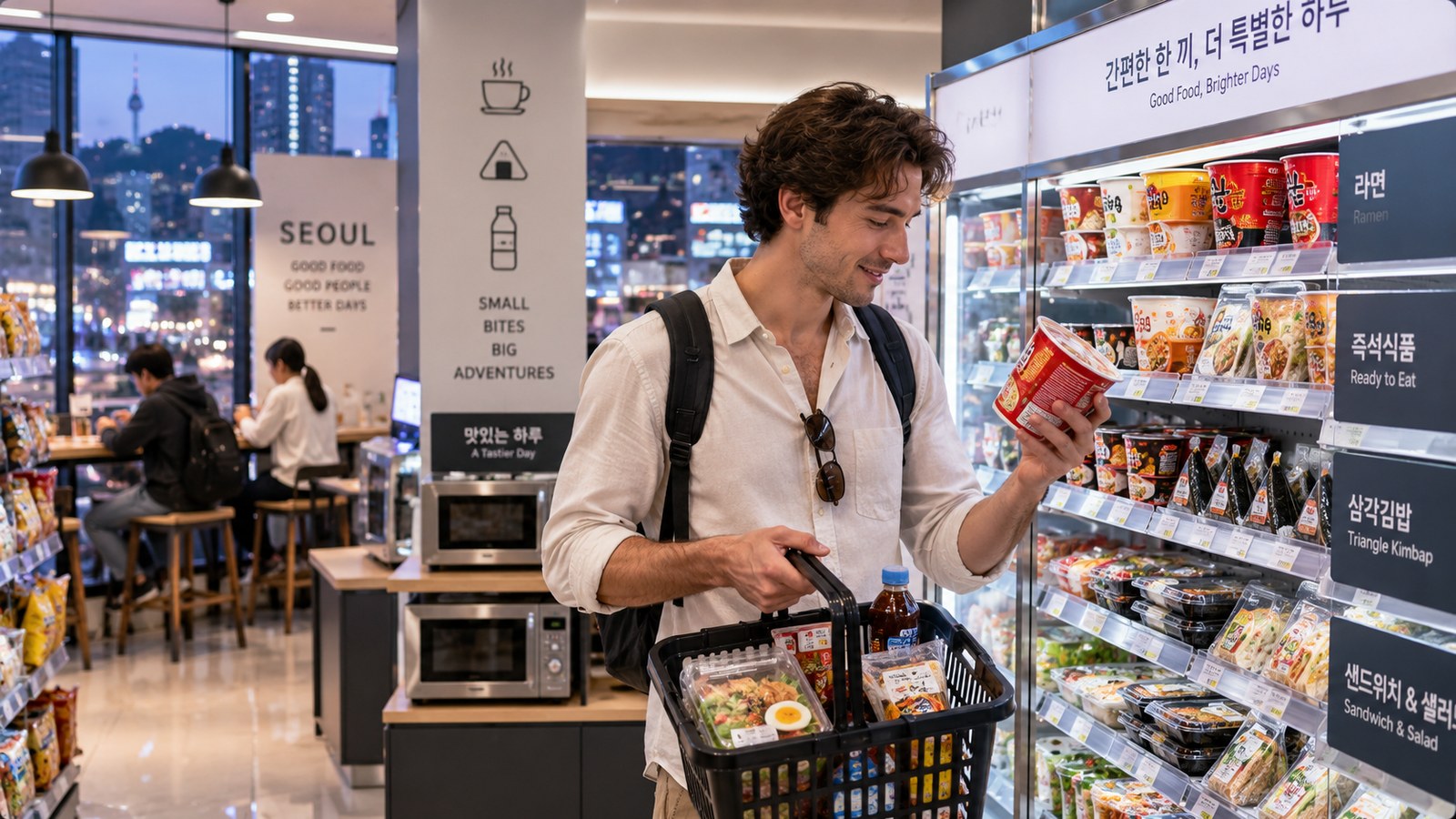 Traveller choosing ready-to-eat Korean convenience-store food in Seoul