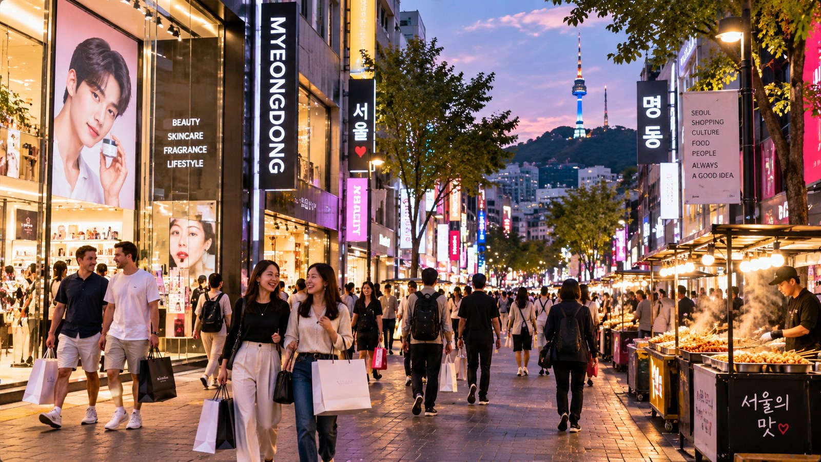 Early-evening Myeongdong shopping street with beauty stores, food stalls and travellers