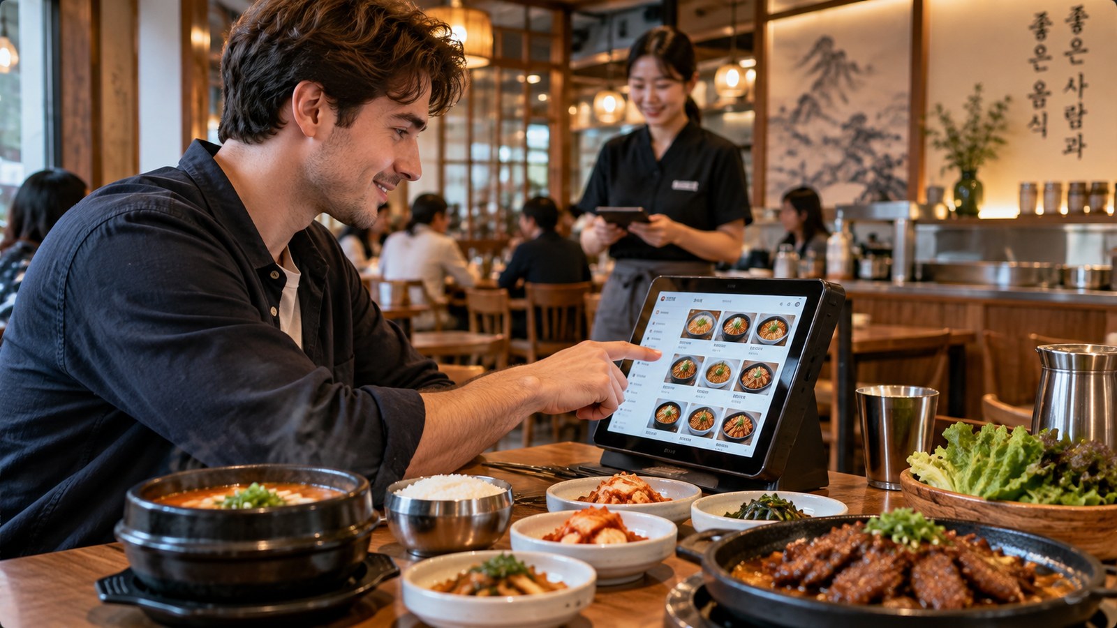 Traveller ordering Korean food from a table tablet in a welcoming Seoul restaurant