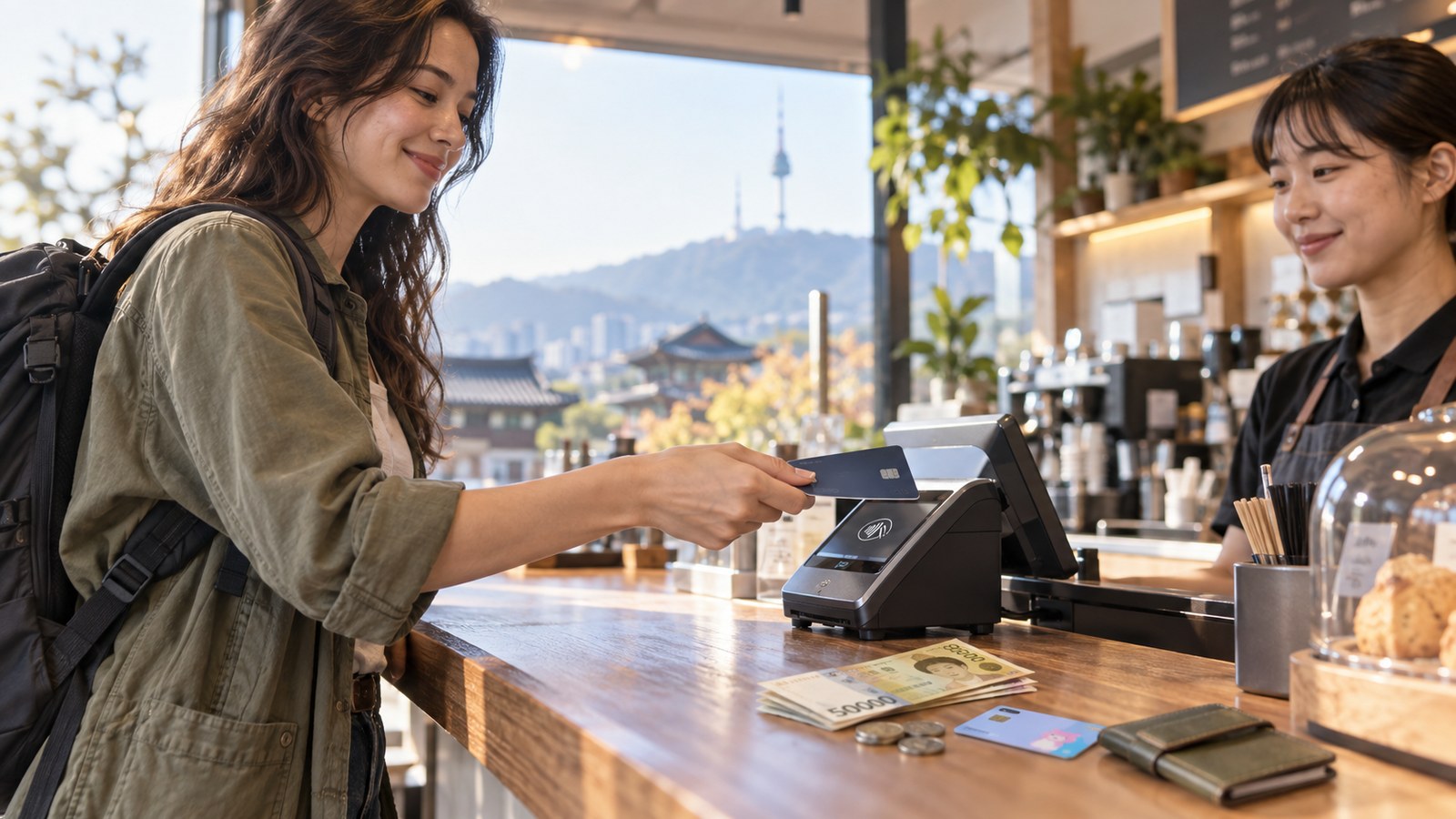 Traveler paying by card at a Korean cafe counter
